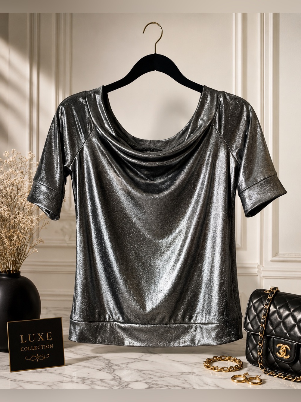 Joseph Ribkoff | Metallic Silver Boatneck Short-Sleeve Evening Top